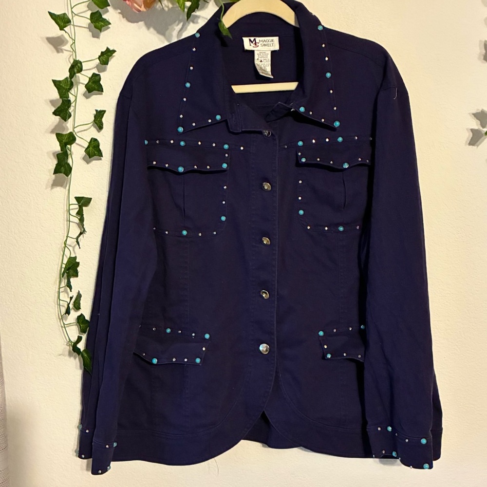 VINTAGE MAGGIE SWEET PURPLE BUTTON DOWN JACKET WITH TURQUOISE DETAILS, 2X
